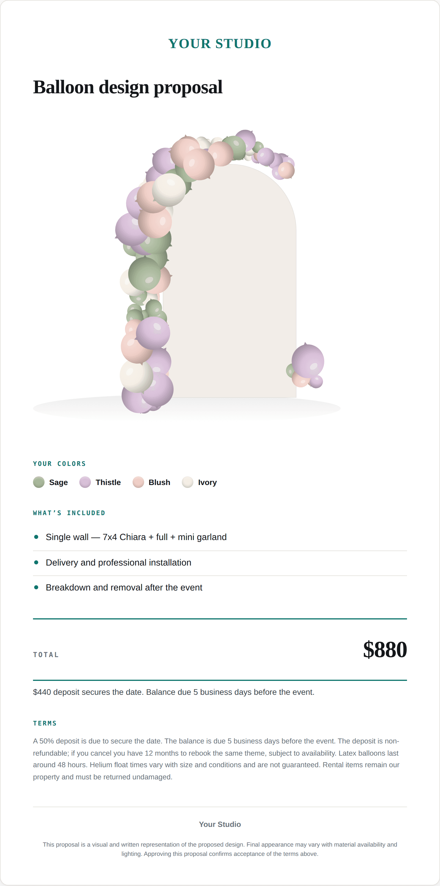 A branded client proposal with the design, colors, total and terms